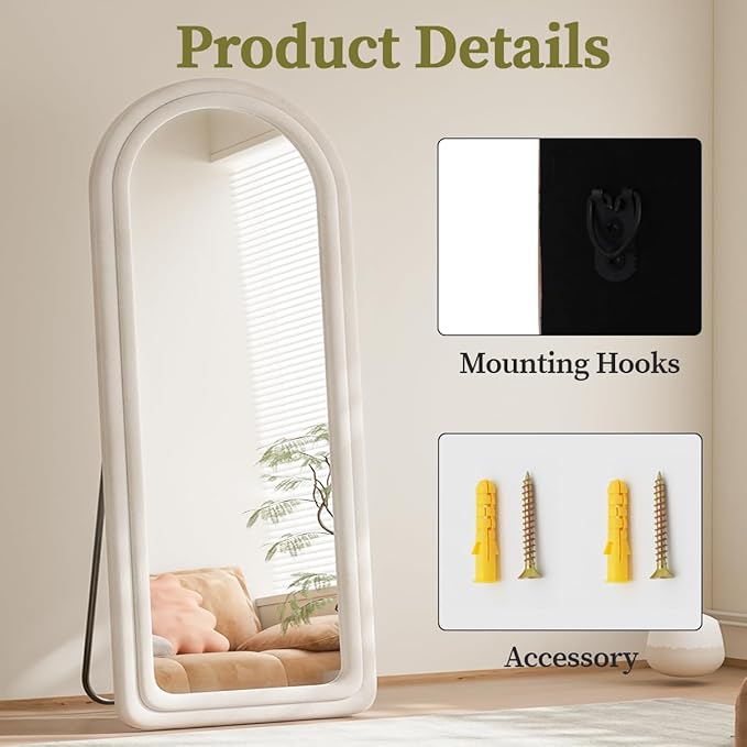 Koonmi 71"x32" Arched Mirror Full Length, Full Body Freely Standing Mirror, Flannel Floor Mirror with Stand for Bedroom, Living Room, Hanging or Against The Wall, White