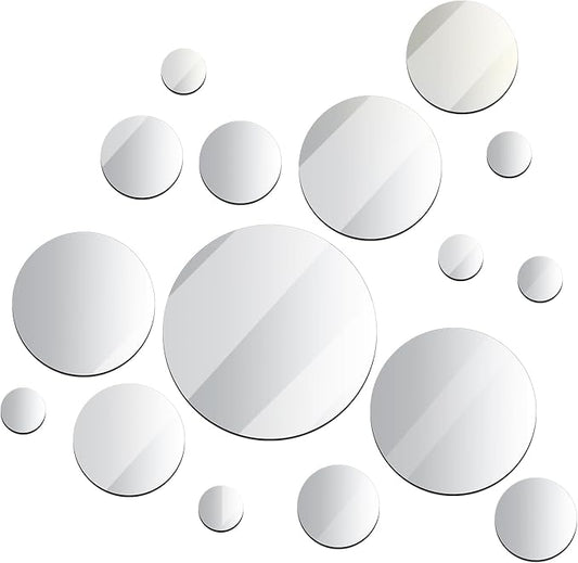 Jetec 16 Pcs Real Glass Round Mirror Tiles Frameless Round Wall Mirrors Glass Mirror Tiles Wall-Mount Mirrors with Acrylic Double Sided Adhesive for Bedroom Bathroom Craft