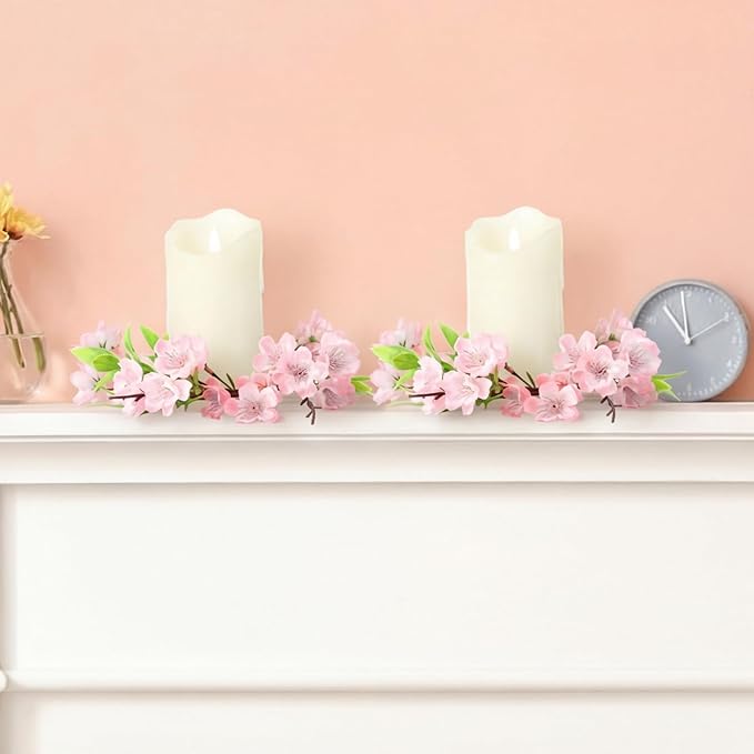 Daifunli 2 Pcs Spring Cherry Blossom Candle Ring Artificial Cherry Blossom Wreaths for Pillar 3.9 Inch Candles Holder for Spring Country Wedding Kitchen Rustic Table Centerpiece Decor