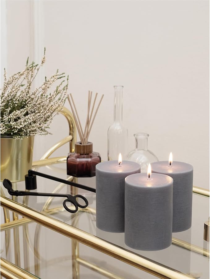CANDWAX 3x4 inch Pillar Candles Set of 3 – Unscented Dripless Rustic Dark Gray Candles for Wedding Decor, Home Use