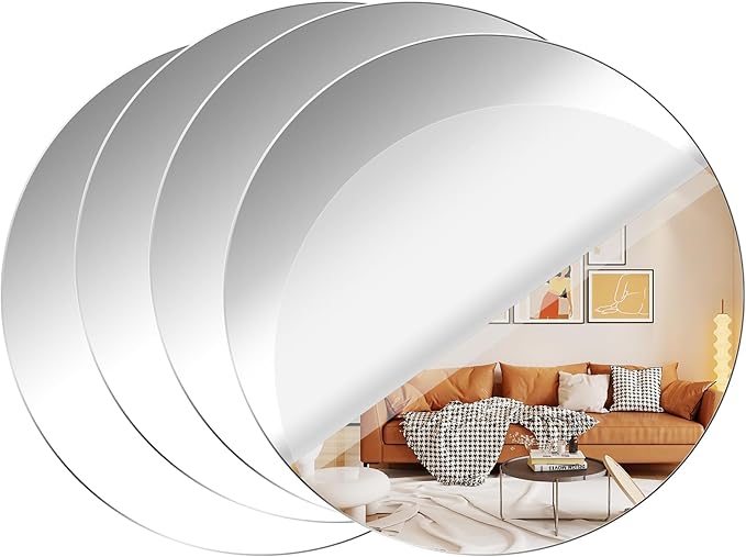 Fantasyon Acrylic Round Mirrors Self Adhesive Non Glass Mirror Circle Wall Mirror Clear Wall Sticker Decals for Wedding Table Centerpiece and Home Living Room Bedroom Wall Decor(12 inch/4 pcs)