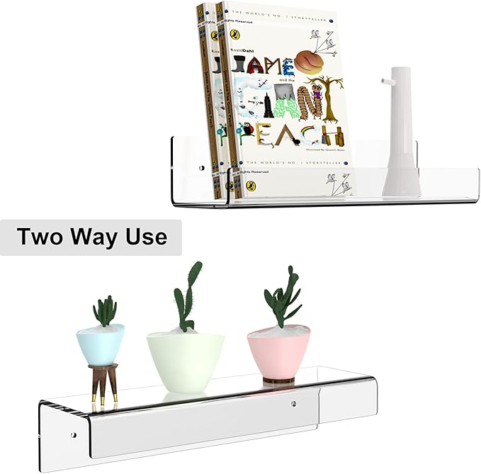 15 inch Clear Acrylic Floating Wall Ledge Shelf Display,6pcs Wall Mounted Nursery Kids Bookshelf Invisible Spice Rack, Bathroom Storage Shelves Display for Bedroom Office Toy Picture Ledge, 5MM Thick