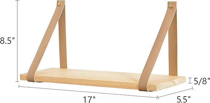 Mkono Hanging Shelf Wall Wood Floating Storage Shelves Leather Strap Swing Organizer for Nursery Bedroom Living Room Bathroom Dorm, Set of 2