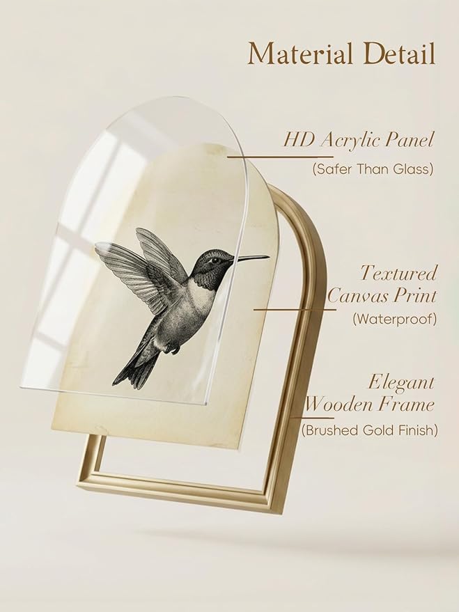 TwoDays Gold Vintage Hummingbird Arched Wood Framed Wall Art – Nature Bird Canvas Picture for Home Aesthetic Wall Decor, Cottagecore Farmhouse Artwork Prints for Living Room, Bedroom (11" x 13.8")