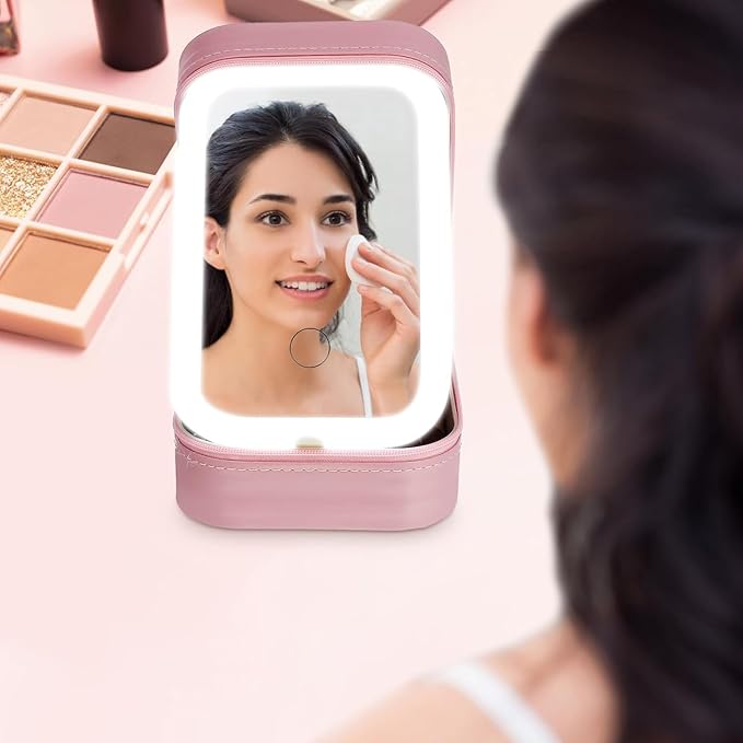 Adjustable Brightness Travel Makeup Case with LED Lighted Mirror Compact Small Organizer Bag with Divided Storage for Makeup and Jewelry Portable Rechargeable Vanity Box for Women
