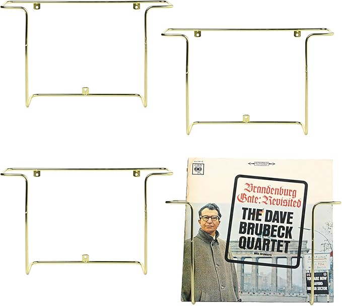 MyGift Modern Metal Wire Wall Mounted Vinyl Records Storage Racks, Hanging LP Record Holders, Floating Album Cover Display Shelves, Set of 2 (Brass- 4 Pcs)