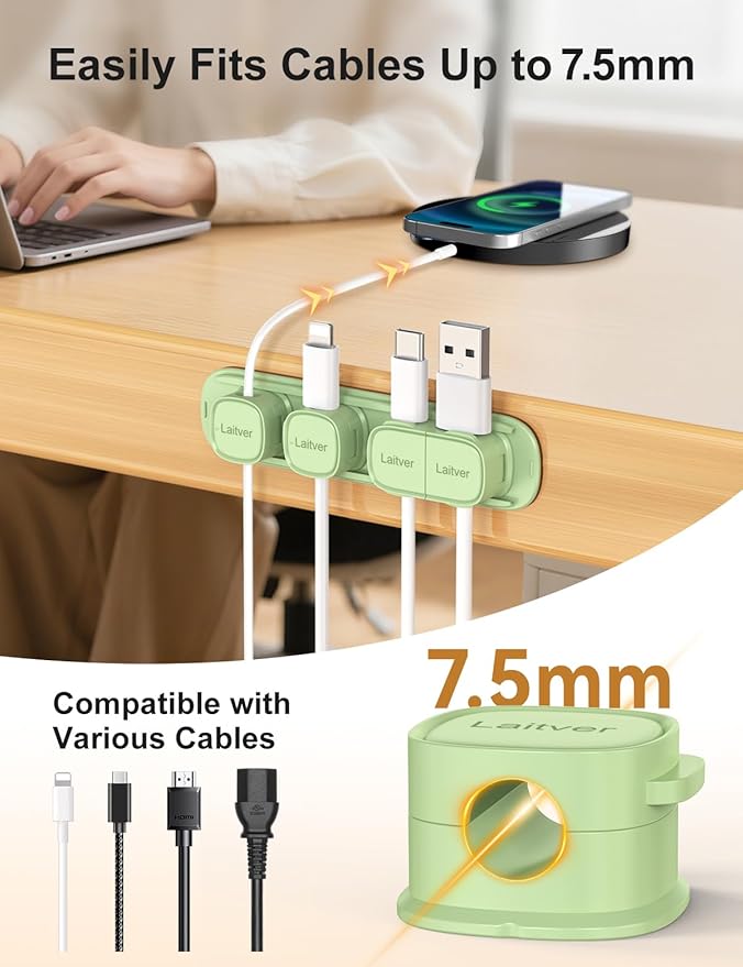 6 Pack Magnetic Cable Clips [1s Open/Lock], Laitver Cord Organizer Holder Strong Adhesive Desk Cable Management- Organize Charging Cords Neatly for Home, Office, Car,Desk, Nightstand-Cyan