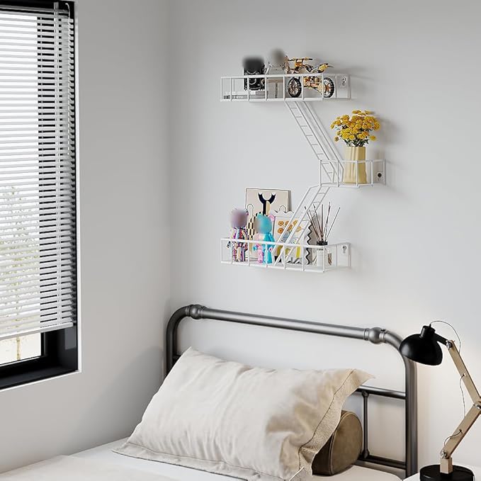 Fire Escape Shelf - 3 Tier Metal White Fire Escape Wall Shelves with Baskets, New York Action Figurine Display Shelf, Unique Rustic Floating Decorative Wall Shelves for Any Room