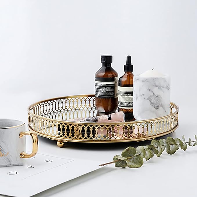 Mirrored Vanity Tray Gold Metal Perfume&Makeup Organizer Vintage Jewelry Display Storage Elegant Table Centerpiece Decorative for Dresser,Bedroom,Home Decor (Round)