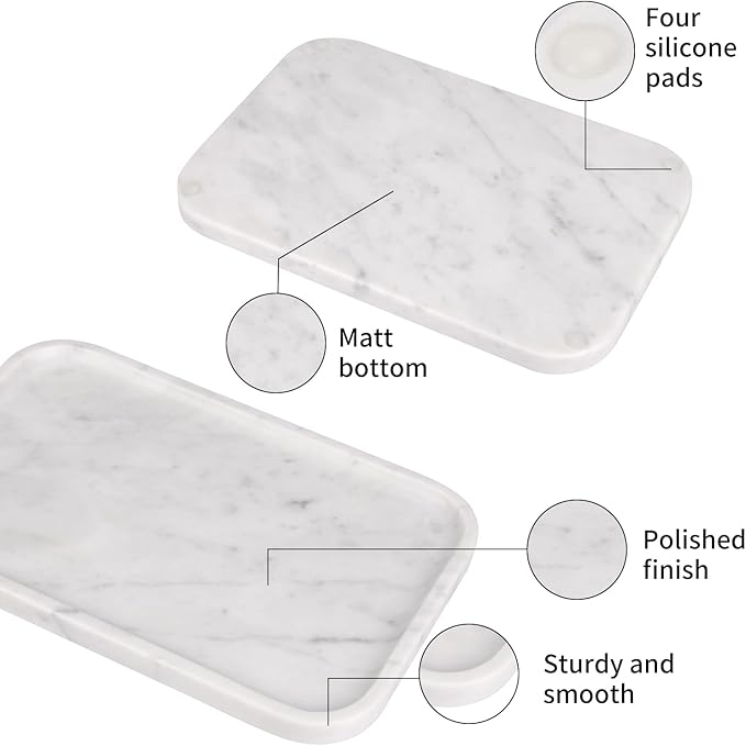 Marble Bathroom Vanity Tray, Natural Marble Home Kitchen Table Tray, Stone Decorative Countertop Serving Organizer for Dresser Coffee Perfume Jewelry Makeup (1, Carrara White L, 12 * 8 * 0.8)