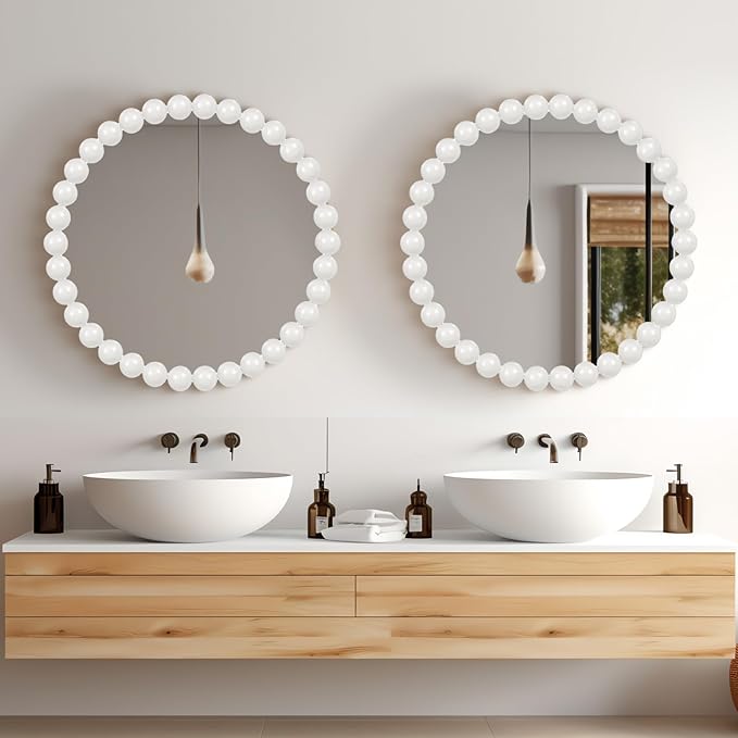 White Round Wall Mirror 24'' Wood Beaded Mirror for Wall Decor Large Circle Decorative Wall Mirror White Hanging Mirror for Bathroom,Bedroom,Living Room,Nursery Room,Kids Room