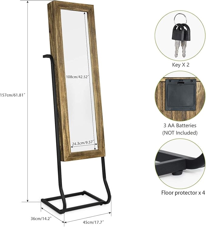 SRIWATANA Jewelry Armoire Cabinet, Solid Wood Standing Jewelry Organizer with Full Length Mirror (Carbonized Black)