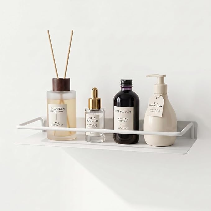 RFOUO Metal Wall Shelf, Metal Floating Shelf, Black Floating Shelf, Small Shelf for Wall, Display Shelves for Bathroom Bedroom Kitchen (White, 16Inch)