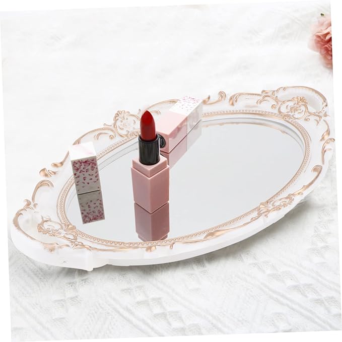 PRETYZOOM Oval Decorative Mirror Tray Vintage Decorative Jewelry Organizer for Makeup and Photo Props Elegant French Style Design for Home and Special Events