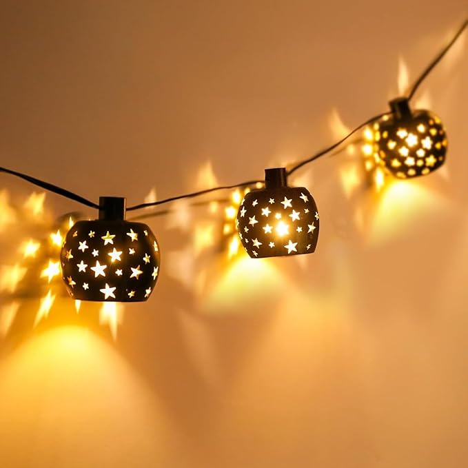 Vigdur Lantern String Lights, Star String Lights Plug in with 10 Clear G40 Bulbs and Star Plastic Lamp Shades, Connectable Moroccan Decoration Light for Home Holiday Party Decorations(9.84FT)