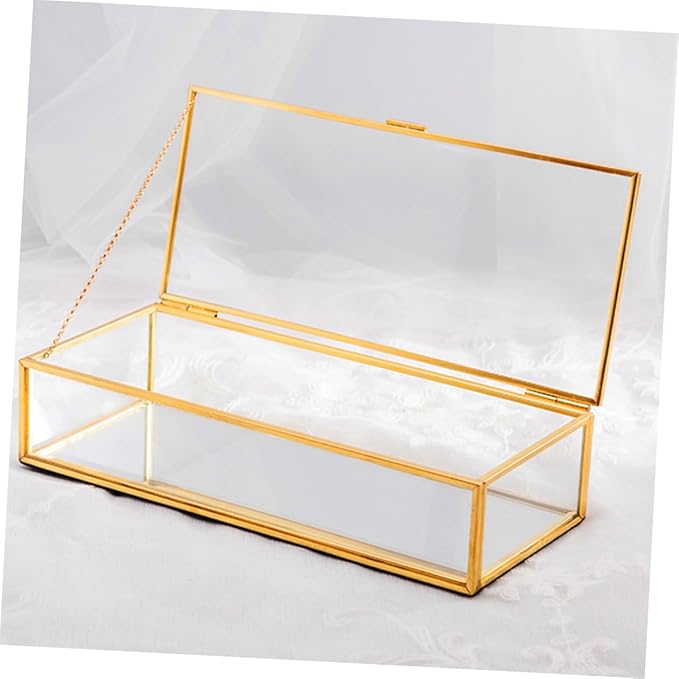 POPETPOP Vintage Golden-edged Glass Jewelry Box Organizer with Geometric Design, Wedding Jewelry Storage Holder for Desktop Display and Makeup Accessories