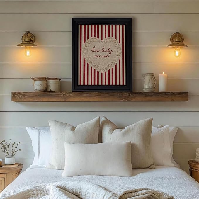 How Lucky Are We Wall Art Red Stripe Affirmation Quotes Poster Coquette Love Lace Heart Canvas Print Fashion Preppy Aesthetic Wall Decor Valentines Day Couple Gift 12X16 inch Vintage Framed