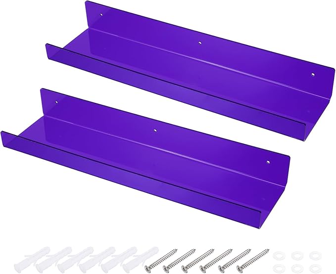 MECCANIXITY 2 Pack Acrylic Shelves for Wall, 15 Inch Purple Floating Shelves Wall Mount Display Shelf Organizer for Bathroom, Bedroom, Living Room, Room Decor