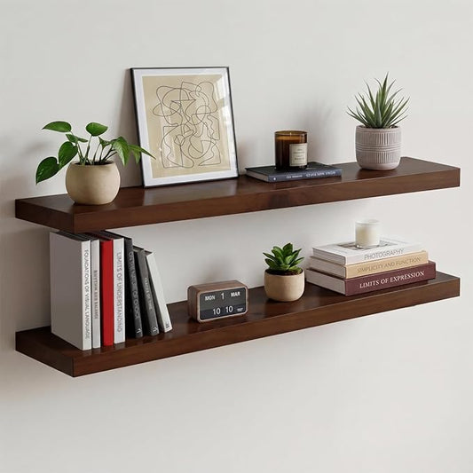 Homeforia Walnut 36 inch Floating Shelf, High End Solid Real Wood 36inch Large Shelves for Bathroom Wall, Dark Brown 36 inches Long Floating Shelves, Heavy Duty Bracket, 36 X 6.5 X 1.75 inch, Set of 4
