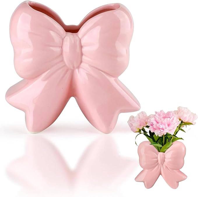 Pink Bow Ceramic Vase Contemporary Design Decorative Pink Bow Decor Vase Pen Holder Makeup Brush Holder Women Gift for Mother's Day Home Office Shelf Table Living Room