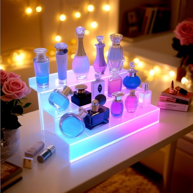 12 IN Clear Display Riser Stand with LED Light， Acrylic Organizer for Perfume, Figures, Cupcake, Dessert, Cologne Holder, Desktop Display Stand for Organize and Decoration