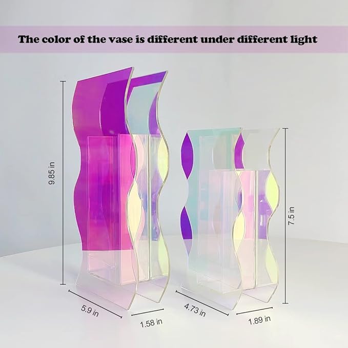Smartmak Iridescent Acrylic Vase, Rainbow Colored Clear Modern Design Vases Home Décor, Colorful Wedding Decorations, for Artificial Flower, Office, Tabletop, Make Up Brushes Organizer Holder- M
