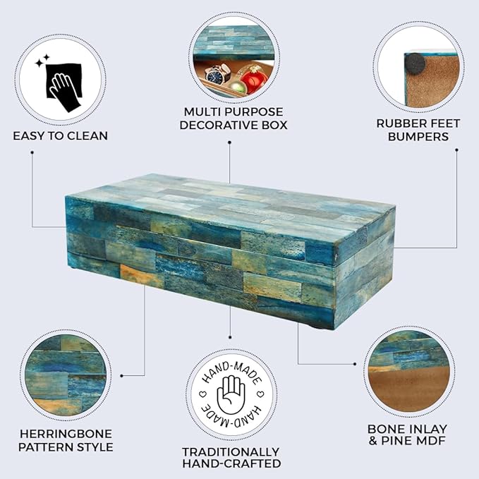 Handicrafts Home Decorative Storage Box with Lid– 10x4.5x2.5” Modern Home Decor Organizer, Memory Box & Jewelry Storage- Decorative Boxes for Living Room & Shelf Decor- Verdigris