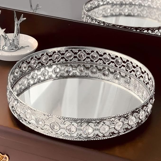 Round Mirror Tray for Coffee Table, Perfume, Makeup, and Vanity - Decorative Organizer for Dresser Tops (Silver, 11.8 in)