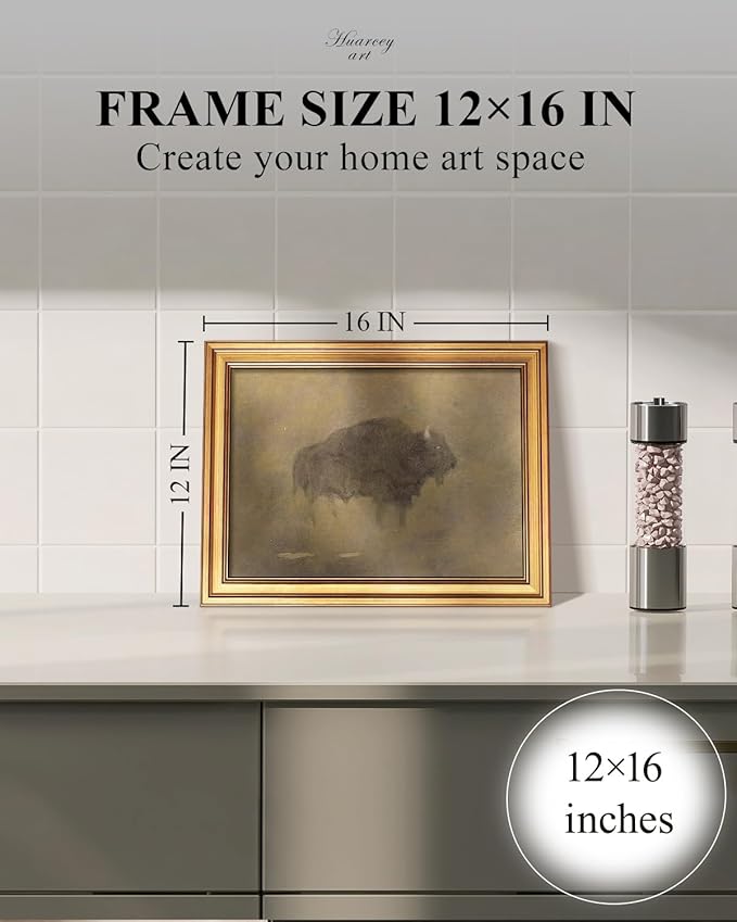 HUARCEY Gold Framed Canvas Wall Art, Retro Bison Picture Decor, Bedroom Bathroom Kitchen Farmhouse Decor, Moody Rustic Vintage Canvas Paintings, 12x16inch