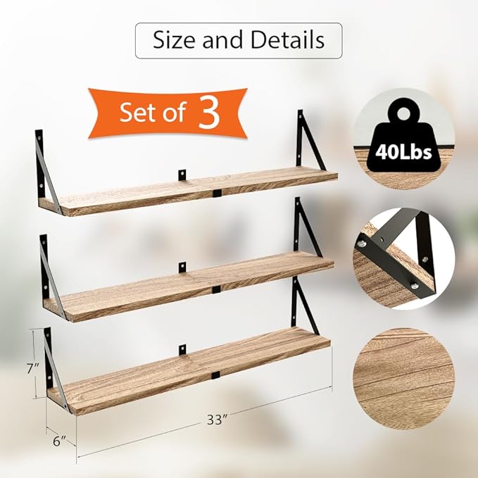 Floating Book Shelves Set of 3, Wall Bookshelf, 33 inch Long Wood Shelf for Wall Storage, Hanging Shelving for Bedroom, Bathroom, Living Room, Kitchen, Office and Plants (Light Brown)