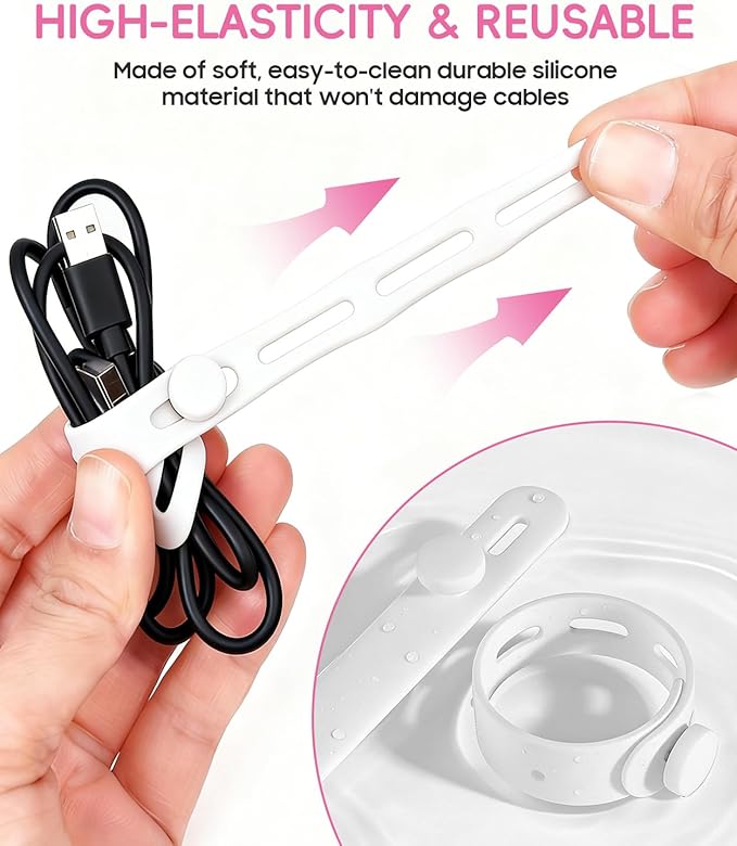 25Pack Silicone Cable Ties,Reusable Cord Organizer for Bundling Electrical Cords,Adjustable Data Cable Organizer Ties,High Elasticity Cable Straps for Home/Office/School/Travel(White)