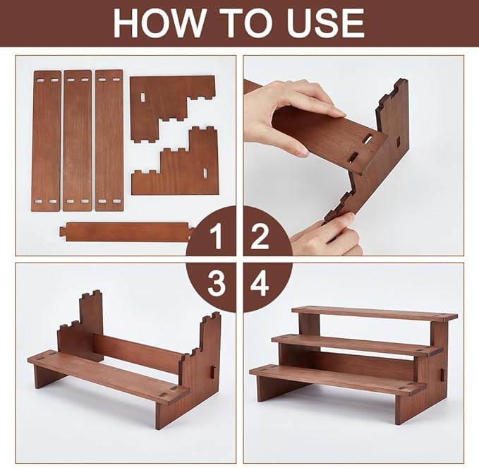 NBEADS 3-Tier Wooden Display Riser Shelf, 7.05x11.65x5.59 Inch Camel Tabletop Small Food Stand Risers Display Makeup Step Perfume Organizer for Fragrance Cosmetics Figure Collection