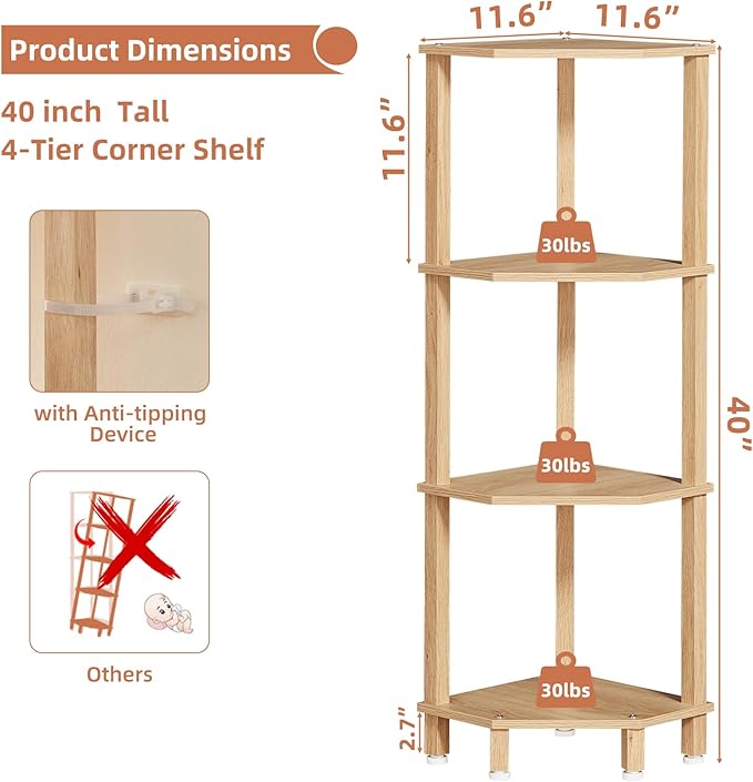 YUFAM 4-Tier Corner Shelf with Sturdy 5-Leg Base, 41in Tall Narrow Bookcase for Small Spaces, Wooden Plant Display Shelf, Thin Bookshelf for Living Room, Bedroom, Office, Natural