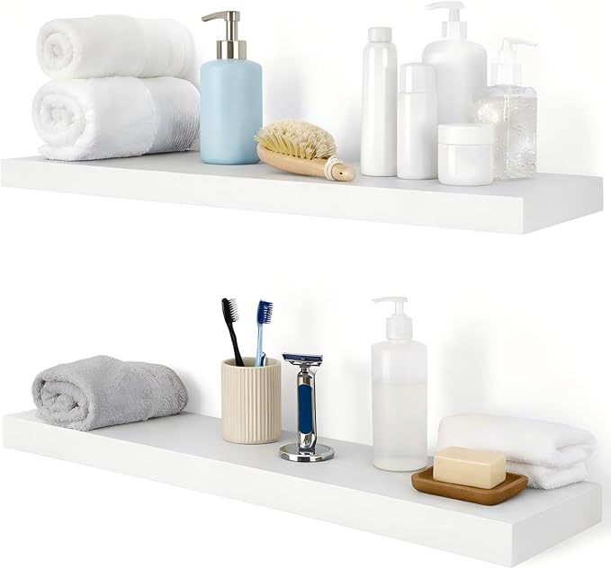 Rustic Floating Shelves 36 inch Long 8 inch deep Set of 2, Solid Wood Wall Shelves for Bedroom Living Room Kitchen,Book Shelf for Wall, Wall Mounted Shelves with Hidden Bracket-White
