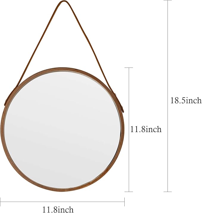 Natural Round Hanging Mirror, 11.8 Inch Farmhouse Mirror with Leather Hanging Rope for Bathroom, Bedroom, Living Room, Entryway Home Decor. (Natural, S-11.8in)
