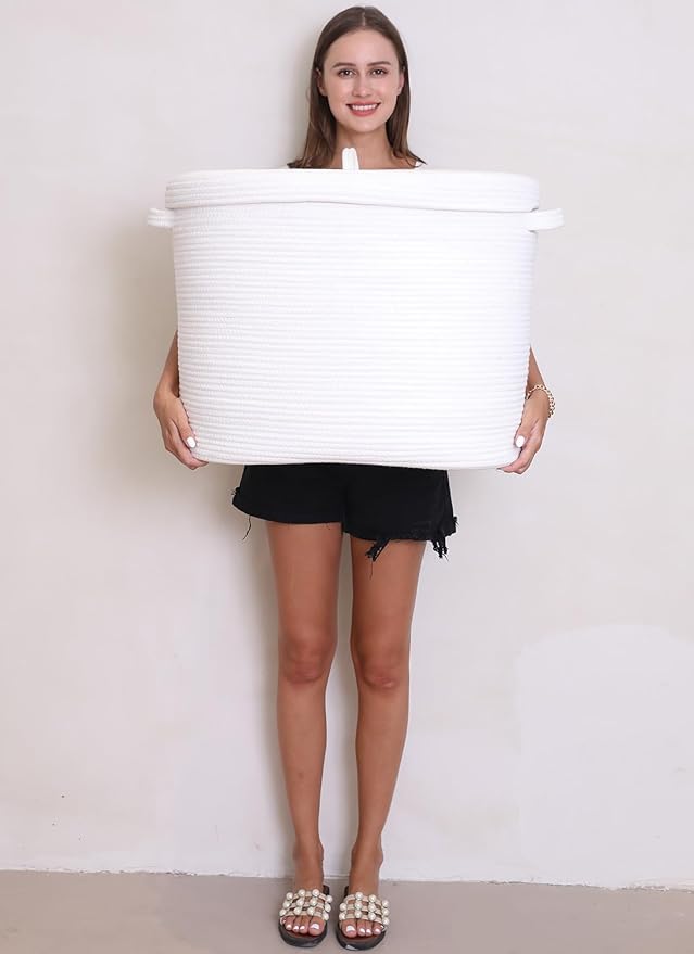 22"x14"x18" Rectangular Extra Large Storage Basket With Lid, Large Cotton Rope Storage Basket, Woven Laundry Hamper, Cloth Storage Bin, for Clothes Towels Blankets in Living Room, All White