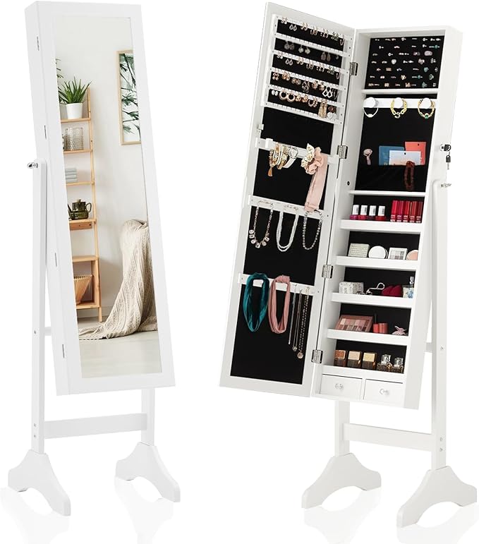Sweetcrispy Freestanding Jewelry Armoire Cabinet, 47.3-Inch Full Length Jewelry Organizer Standing Mirror, Tall Lockable Large Capacity Makeup Organizer Storage, Velvet Lining, 3 Angles, White
