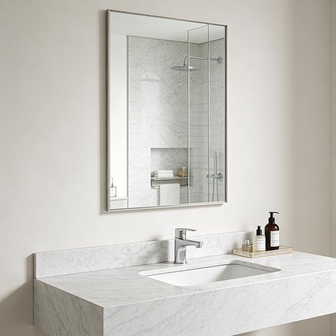 Bathroom Mirror for Wall, 36x24 Inch Metal Framed Mirror, Brushed Nickel Rectangle Mirror, Bathroom Vanity Mirror Farmhouse, Tempered Glass, Anti-Rust, Hangs Horizontally or Vertically