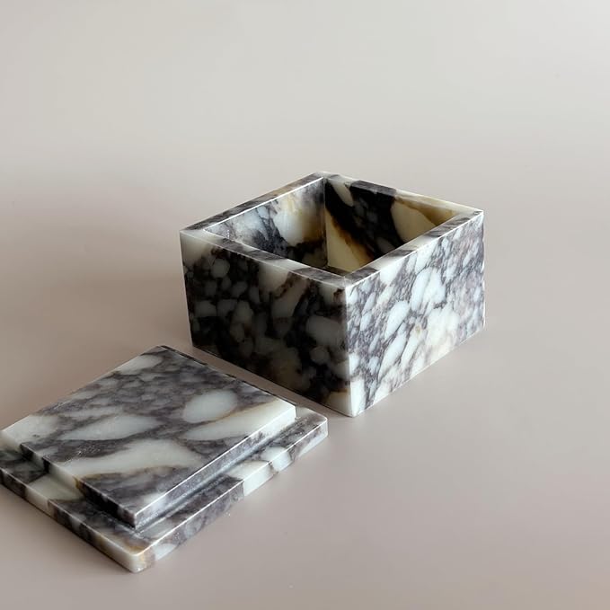 Natural Marble Ring Jewelry Box Cotton Swab Storage Box with Lid Storage Box (Calacatta Violet)