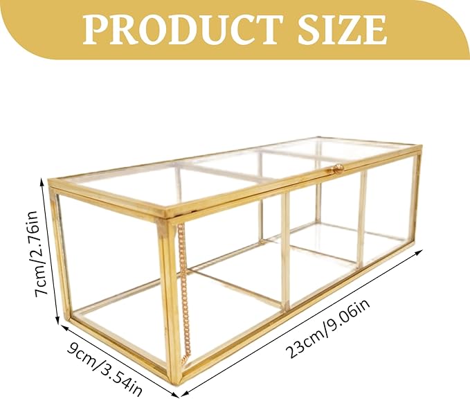 Gold Jewelry Box Gold Makeup Organizer, 3 Compartment Transparent Glass Box, 9.1x3.5x2.8 Inch Jewelry with Lid for Dresser Desktop