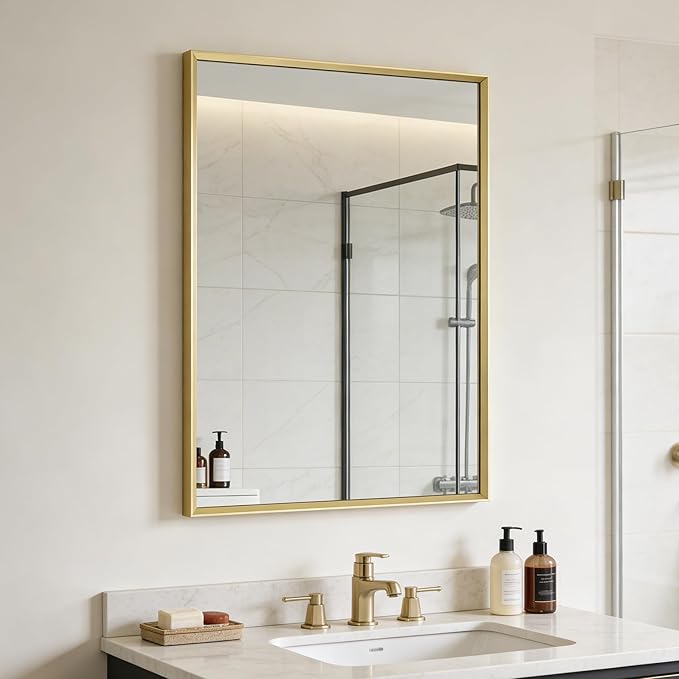 Bathroom Mirror for Wall, 20x30 Inch Metal Framed Mirror, Brushed Gold Rectangle Mirror, Bathroom Vanity Mirror Farmhouse, Tempered Glass, Anti-Rust, Hangs Horizontally or Vertically