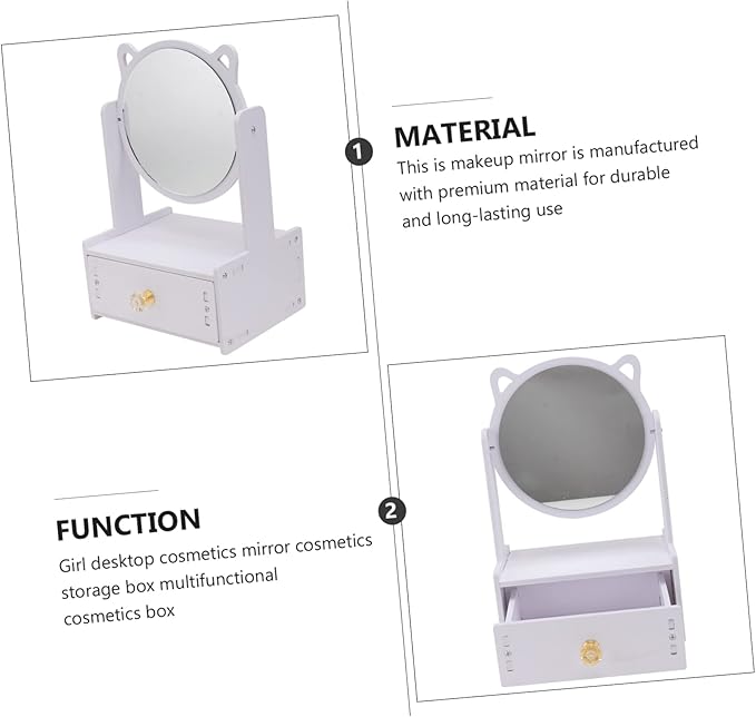 Desktop Makeup Mirror with Storage Drawer Cat Ears Design for Home and Office Use Durable Material Stylish Vanity Organizer for Cosmetics and Accessories