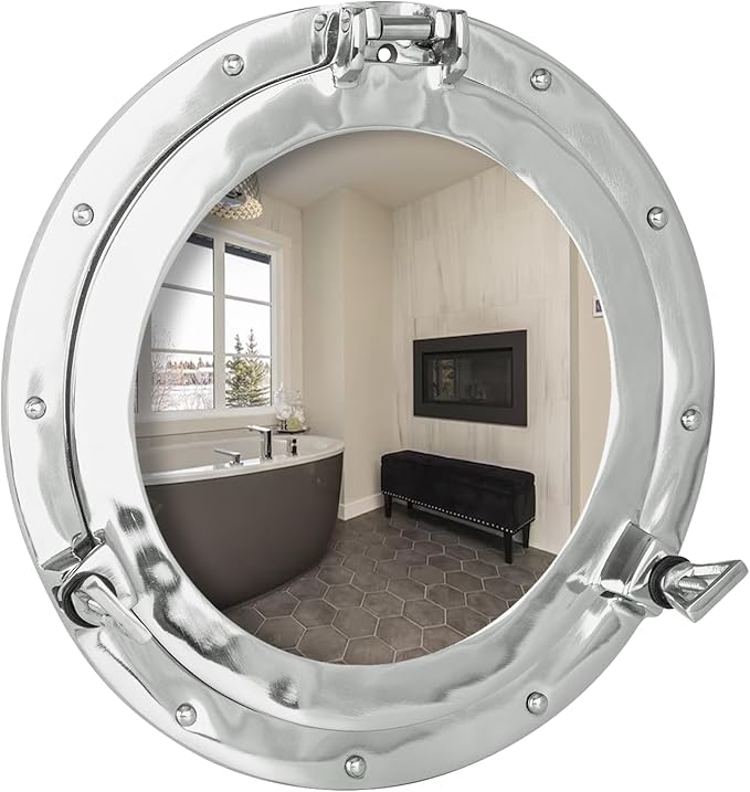 Porthole Mirror - 30 Inch Nickel Silver White Finish | Nautical Wall Décor for Bathroom and Bedroom | Antique Wall Mounted Aluminium and Steel Alloy Vintage Port Hole Window Décor