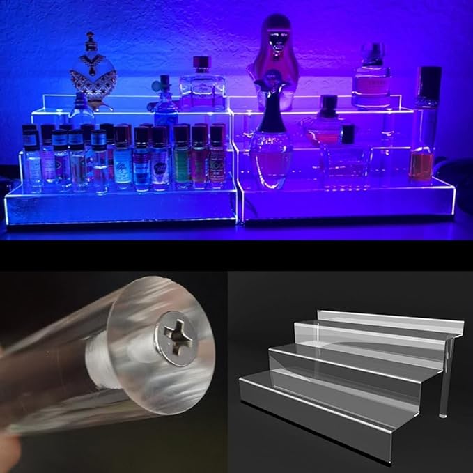 12 IN Clear Acrylic Display Riser Shelf with LED light,3 Tier Display Step Shelves Holder, Perfume Cologne Organizer Holder,Pops Toys Figures, Clear Cupcake Riser, Dessert Shelf, Decoration on