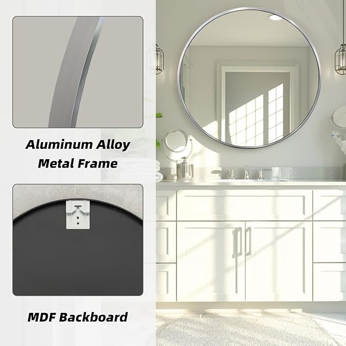 Silver Round Mirror, 24 Inch Silver Circle Mirror, Metal Frame Round Wall Mounted Mirrors for Bathroom, Living Room, Bedroom, Entryway, Vanity, Chrome, Nickel