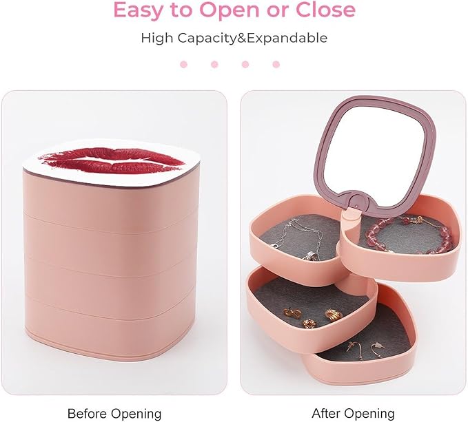 Red Lipstick Kiss Mark Makeup Texture Jewelry Boxes for Women, Earring Holder Organizer Rotating Jewelry Organizer for Necklaces Bracelets Ring