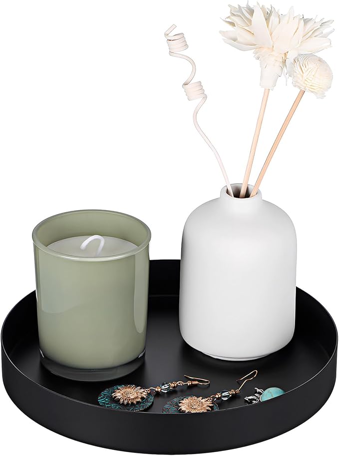 Black Round Tray Coffee Table Tray Decorative Metal Candle Plate Stainless Steel Circle Serving Platter Spa Makeup Organizer Dish Farmhouse Centerpiece Home Bathroom Decor (Black, 20CM)