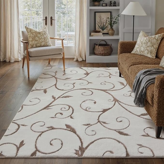 PureCozy Washable Neutral Area Rug 5x7 Beige Soft Shag Rugs for Living Room Modern Boho High Pile Non-Shedding Throw Rugs Non Slip Indoor Office Carpet for Playroom Bedroom Home Aesthetic Decor
