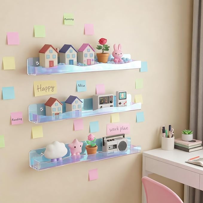 4 Pack 15" Iridescent Acrylic Floating Shelves, Wall Mounted Clear Acrylic Display Shelf Invisible Set up for Funko Pop Display Shelves Wall Organizer for Bathroom Bedroom Bookshelf