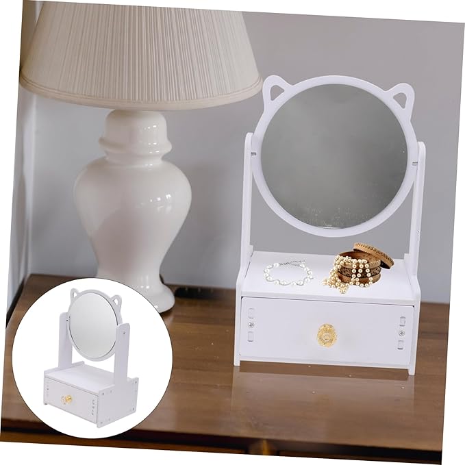 Desktop Makeup Mirror with Storage Drawer Cat Ears Design for Home and Office Use Durable Material Stylish Vanity Organizer for Cosmetics and Accessories